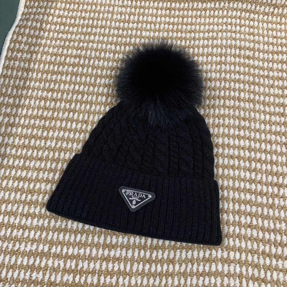 Prada Black Knit Beanie with Pom Pom